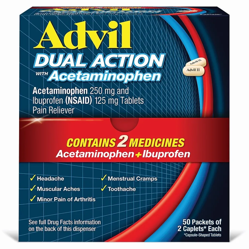 Advil Dual Action 250mg Acetaminophen/125mg Ibuprofen Caplets, 2/Packet, 50 Packets/Box (014795)