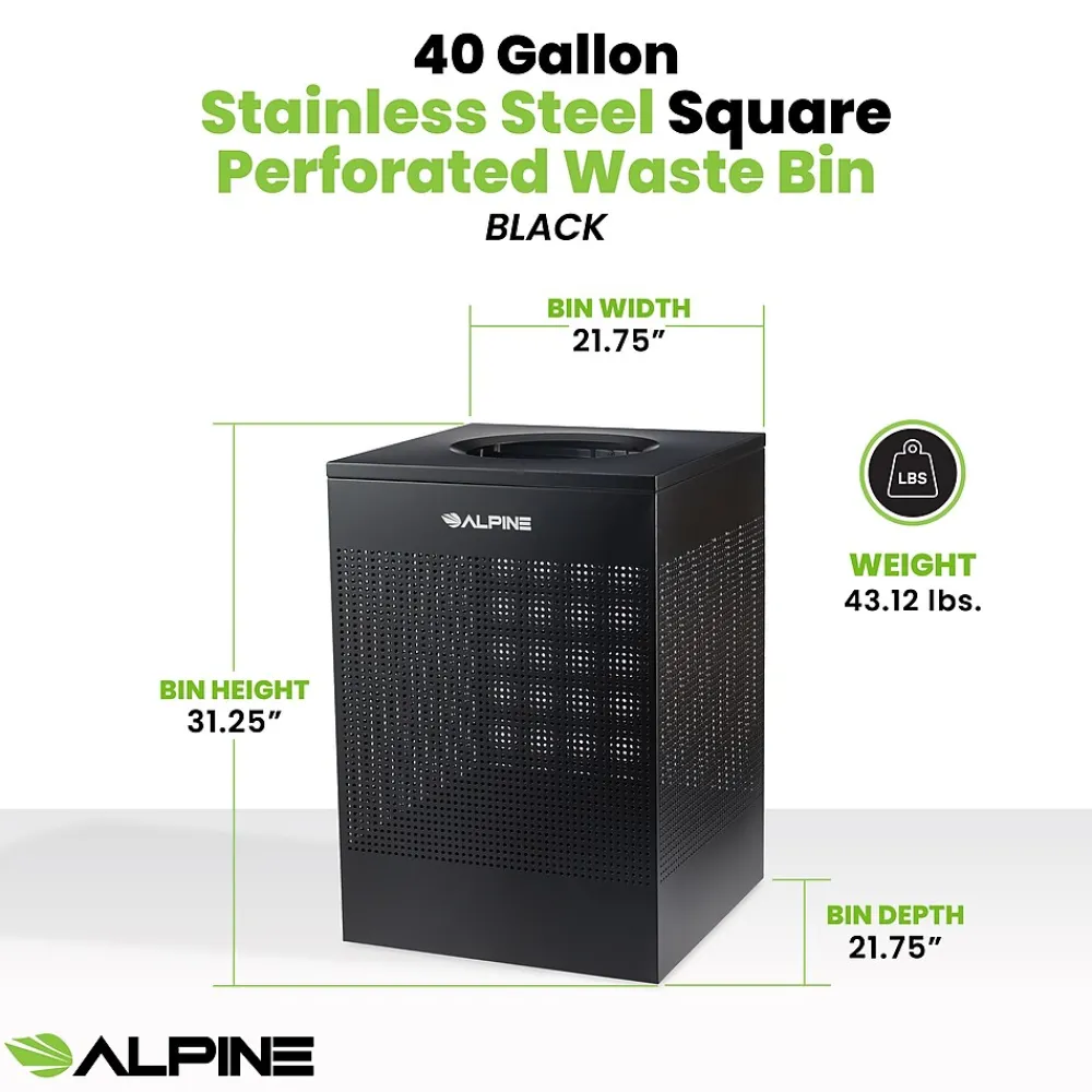 Alpine Industries Stainless Steel Trash Can, 40 Gallon, Black (ALP438-40-BLK-MK)