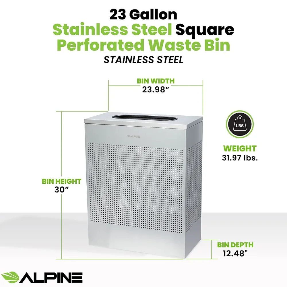 Alpine Industries Stainless Steel Trash Can, 23 Gallon, Silver (ALP438-23-SS-MK)