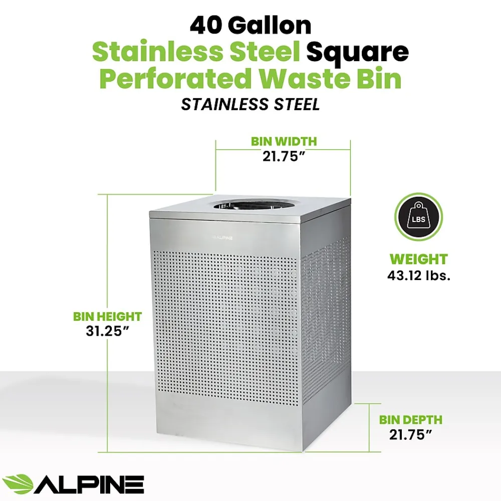 Alpine Industries Stainless Steel Trash Can, 40 Gallon, Silver (ALP438-40-SS-MK)