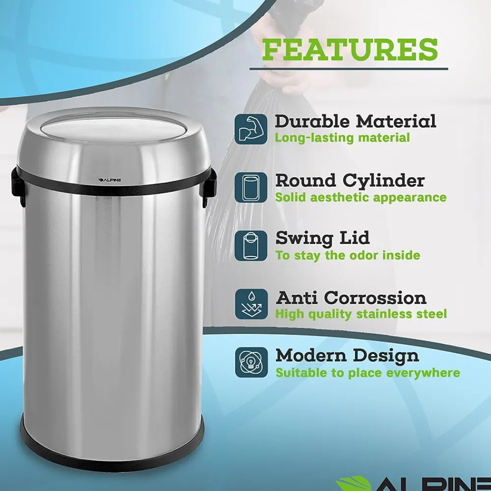 Alpine Industries Stainless Steel Trash Can with Swing Lid, 17-Gallon (ALP470-65L-1)