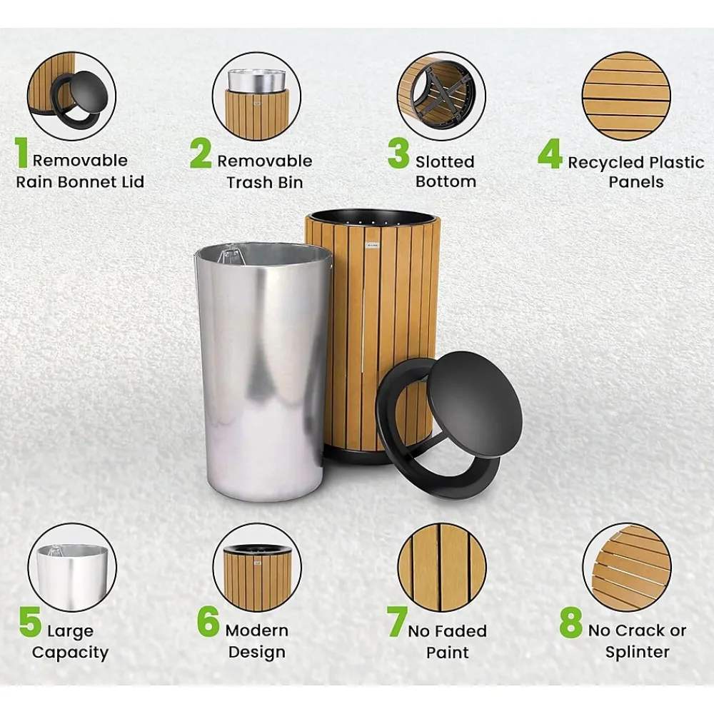 Alpine Industries Steel Outdoor Trash Can with Rain Bonnet Lid, 32 Gallon, Cedar/Black (ALP4400-01-CD-RB)