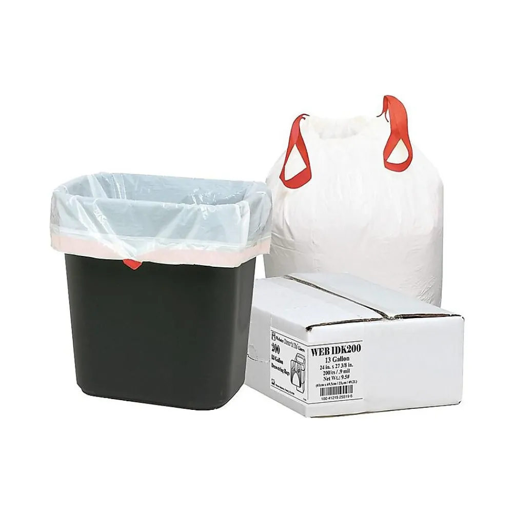 Berry Global Draw 'N Tie 13 Gallon Trash Bag, 24" x 27.38", Low Density, 0.9mil, White, 200 Bags/Box (1DK200)