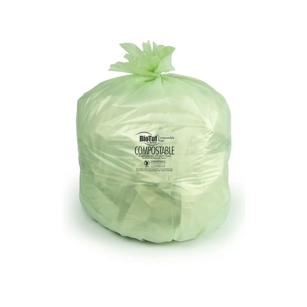 BioTuf 60-64 Gallon Compostable Industrial Trash Bag, 47" x 60", Low Density, 0.8 Mil, Green, 125 Bags/Box, 5 Rolls