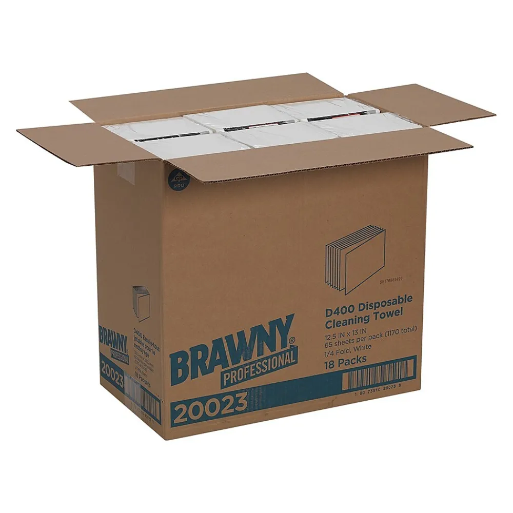 Brawny Professional D400 Durable Fibers Cleaning Wipers, 12.5" x 13", White, 18/Carton (20023)