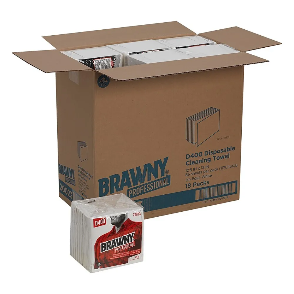 Brawny Professional D400 Durable Fibers Cleaning Wipers, 12.5" x 13", White, 18/Carton (20023)