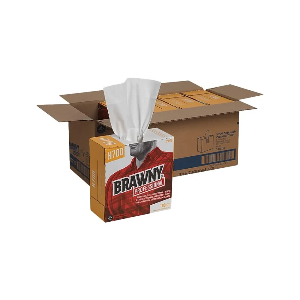 Brawny Professional Heavy Duty Durable Fibers Cleaning Wipers, 9.1", White, 100 Wipers/Box, 5/Carton (25070)