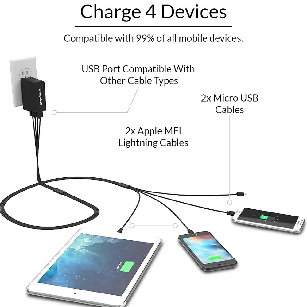 ChargeTech Universal Multi-Charging Cable Squid, (4) Braided Cables, 6' (V4)