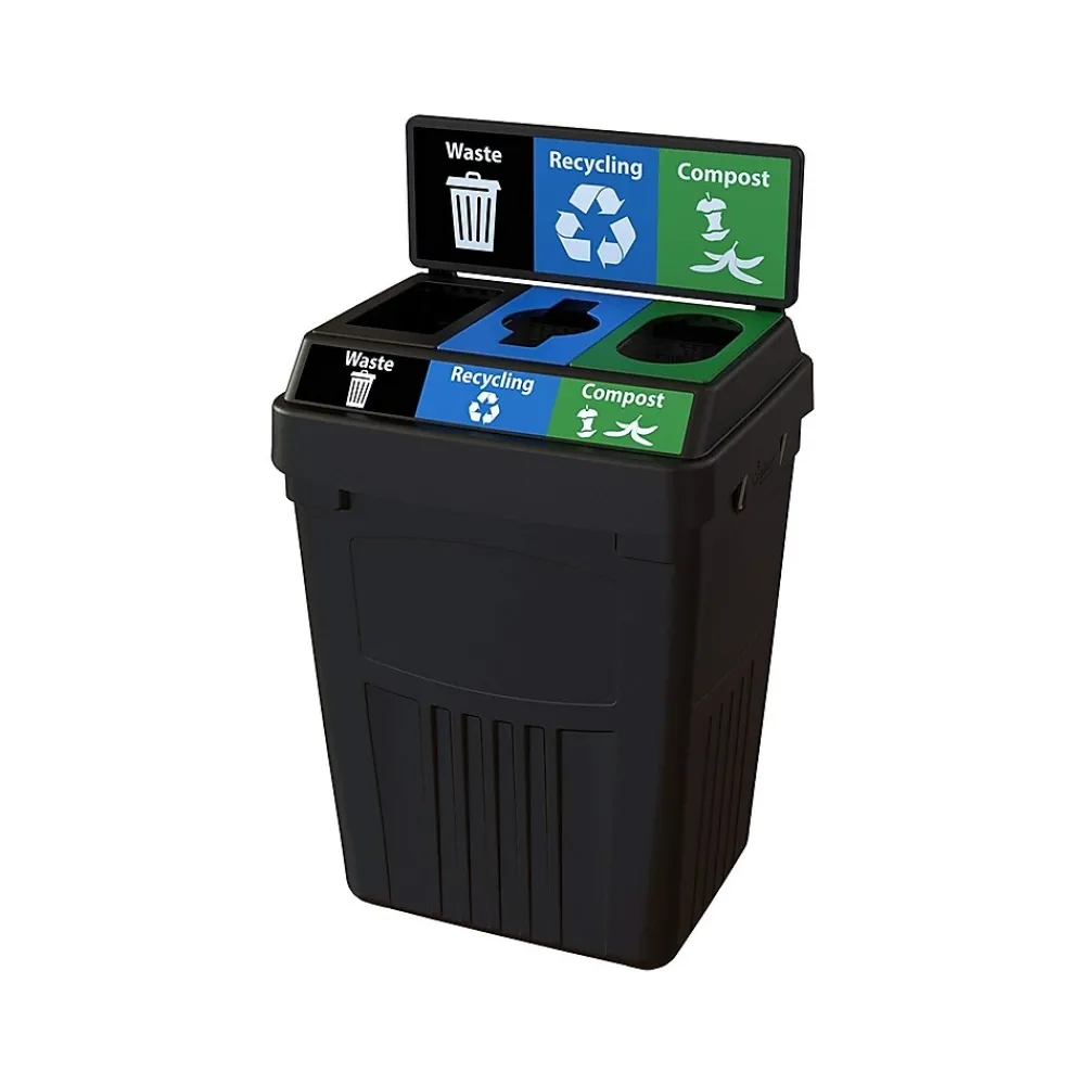 CleanRiver FlexE Plastic Three-Stream Recycling Station, 50 Gallon, Black (FX50B-BK3-R-BE-W-BK-C-GN)