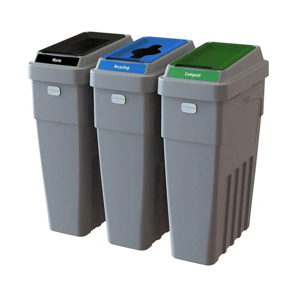 CleanRiver LeanStream Plastic Three-Stream Recycling Station, 69 Gallon, Gray (LS3-002)