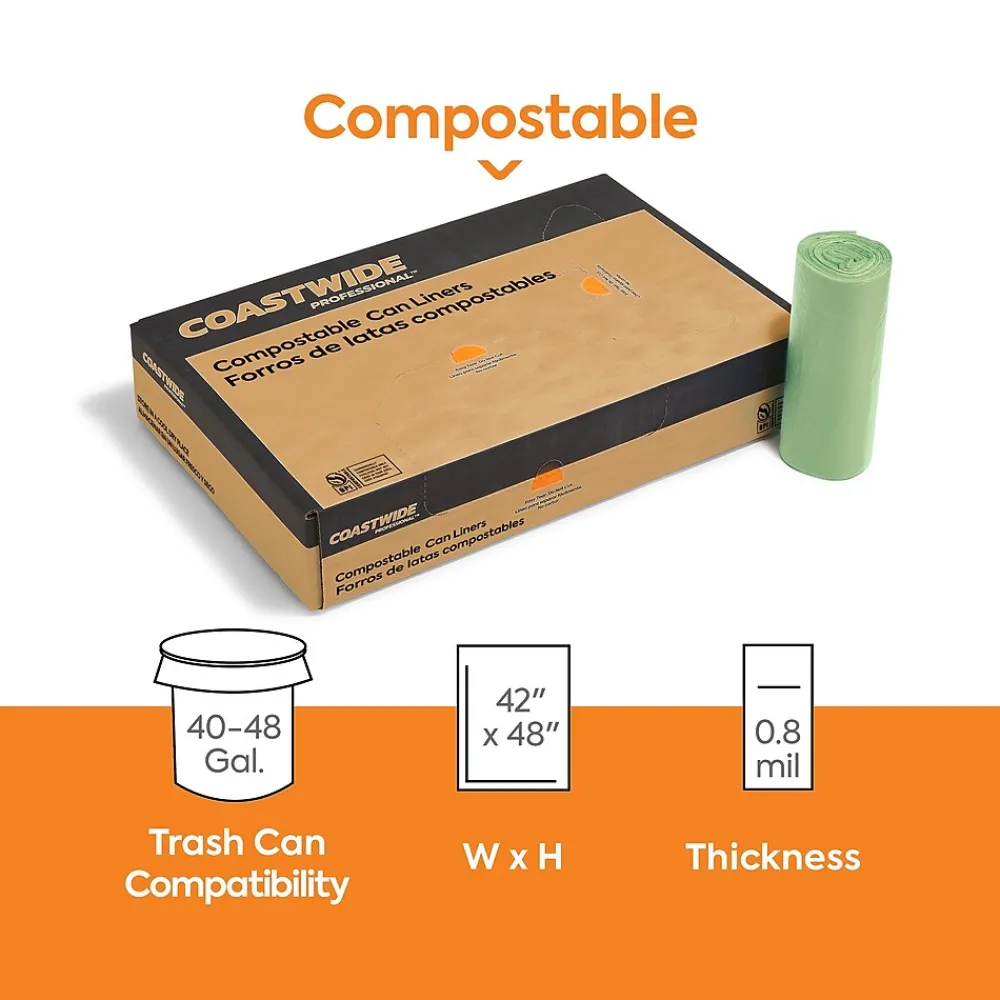 Coastwide Professional ™ 40-48 Gallon Compostable Bag, 42" x 48", Low Density, 0.8 Mil, Green, 125 Bags/Box (CW62408)