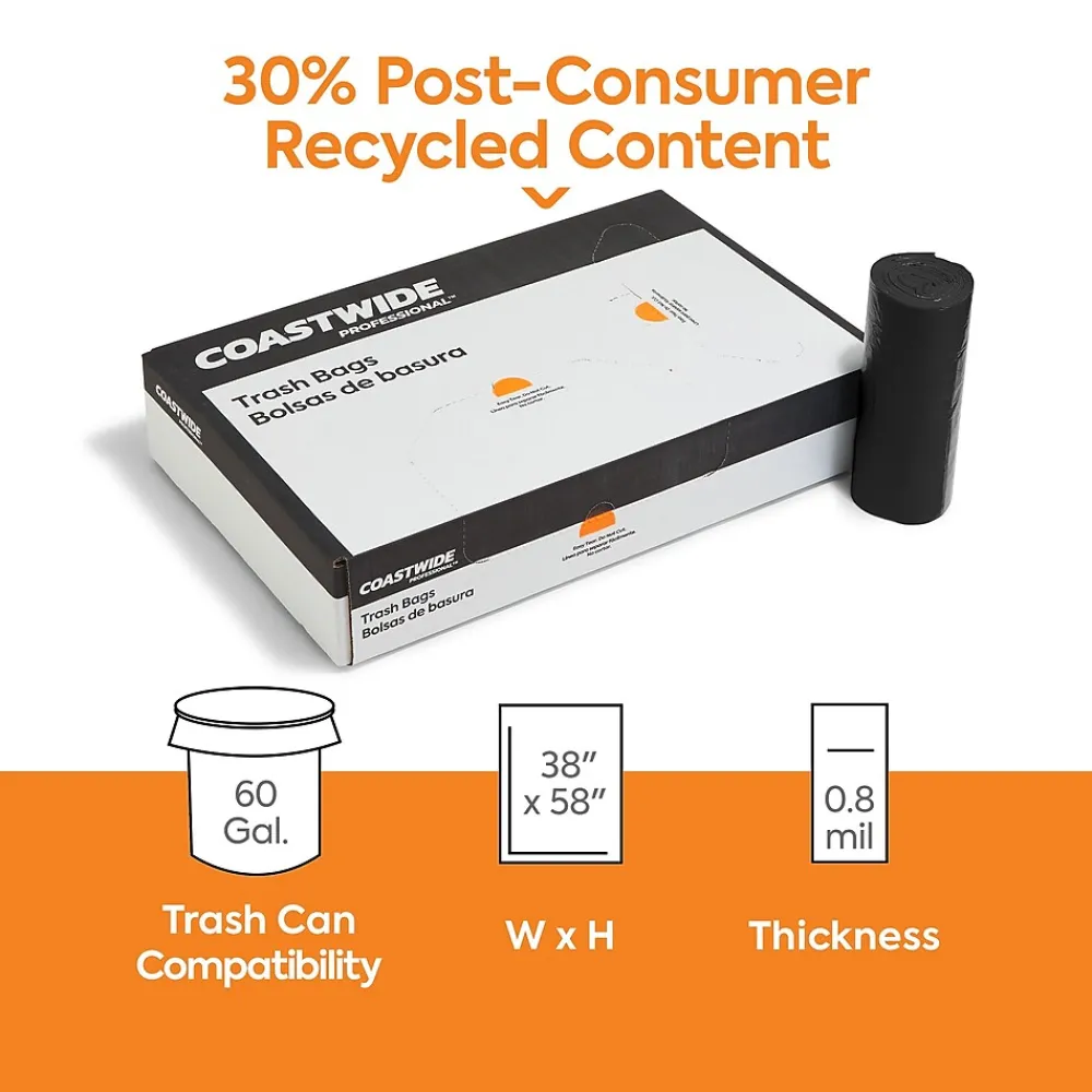 Coastwide Professional ™ 60 Gallon Trash Bag with 30% PCR, 38" x 58", Low Density, 0.8 mil, Black, 100 Bags/Box (CW62425)