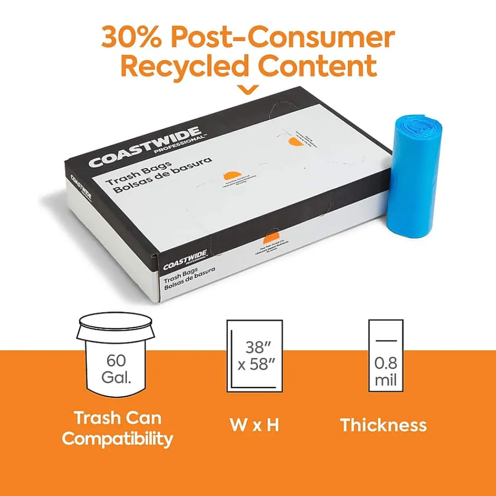 Coastwide Professional ™ 60 Gallon Trash Bag with 30% PCR, 38" x 58", Low Density, 0.8 mil, Blue, 100 Bags/Box (CW62414)