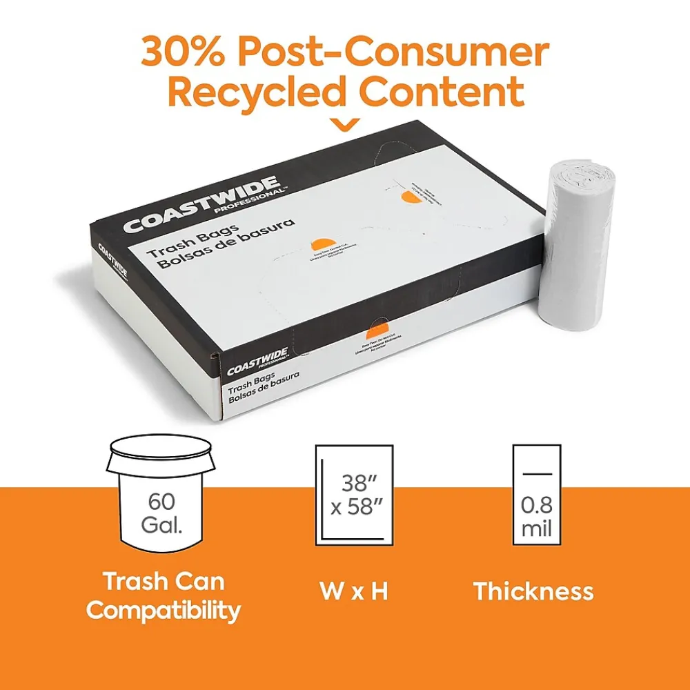 Coastwide Professional ™ 60 Gallon Trash Bag with 30% PCR, 38" x 58", Low Density, 0.8 mil, Clear, 100 Bags/Box (CW62413)