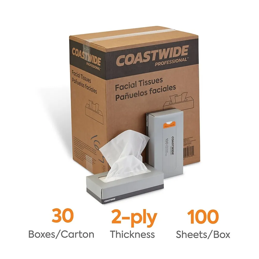 Coastwide Professional ™ Facial Tissue, 2-Ply, 100 Sheets/Box, 30 Boxes/Carton (CW57777)