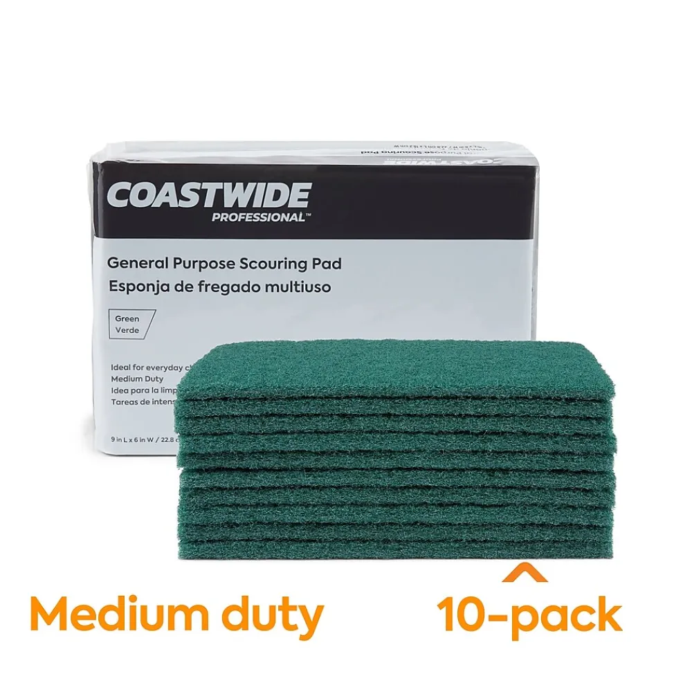 Coastwide Professional ™ Medium Duty Scouring Pad, Green, 10/Pack (CW56787)