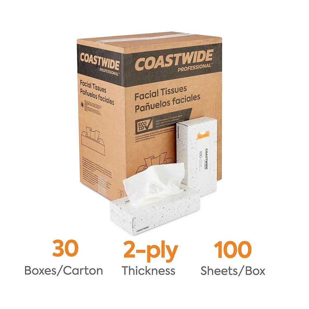 Coastwide Professional ™ Recycled Facial Tissue, 2-Ply, 100 Sheets/Box, 30 Boxes/Carton (CW57776)