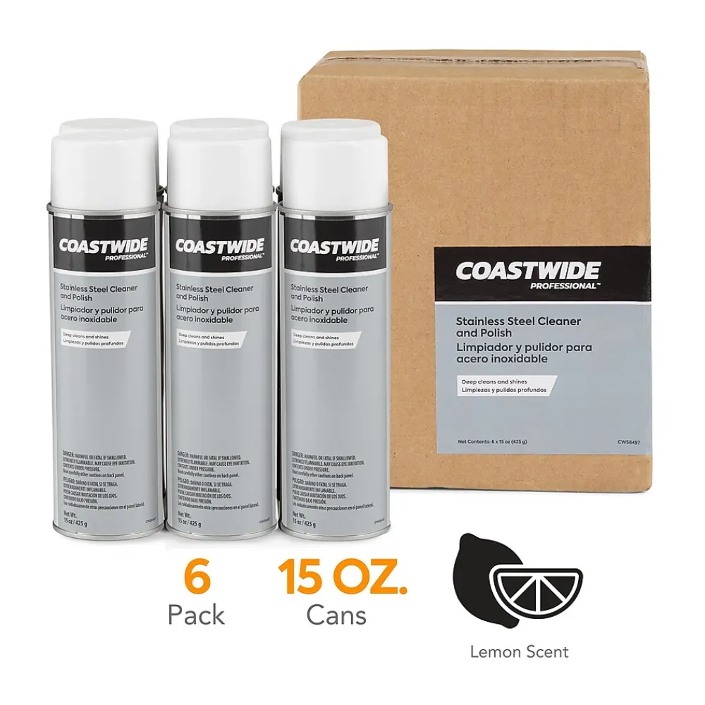 Coastwide Professional ™ Stainless Steel Cleaner and Polish, Lemon Scent, 15 Oz., 6/Carton (CW58497-A)