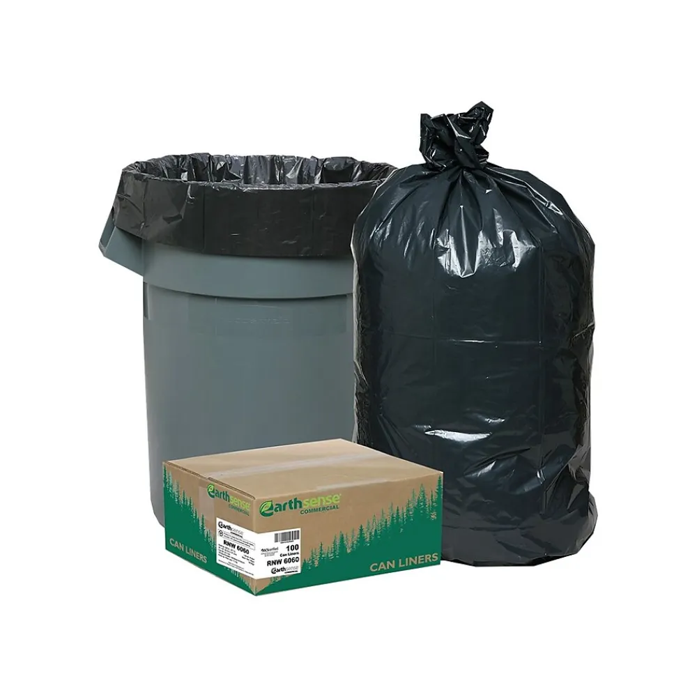 Earthsense Recycled 55-60 Gallon Trash Bags, Black, 100/Carton (RNW6060)