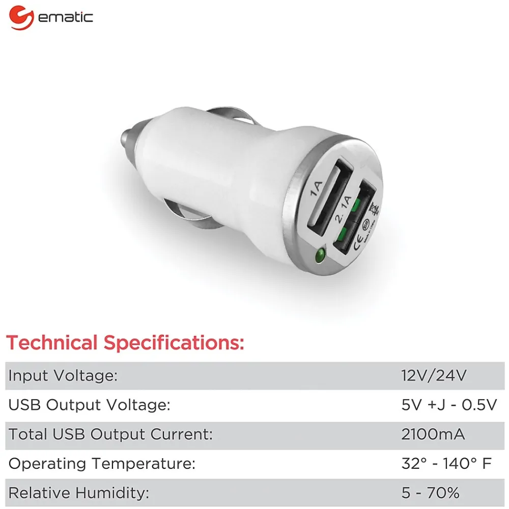 Ematic 2-Port USB-A Car Charger, 2.1-Amp, White, (ECC08WH)