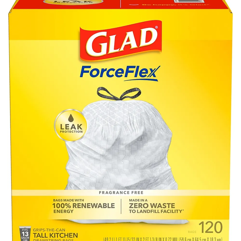 Glad ForceFlex Tall 13 Gallon Kitchen Drawstring Trash Bags, White, 120/Box (78939)