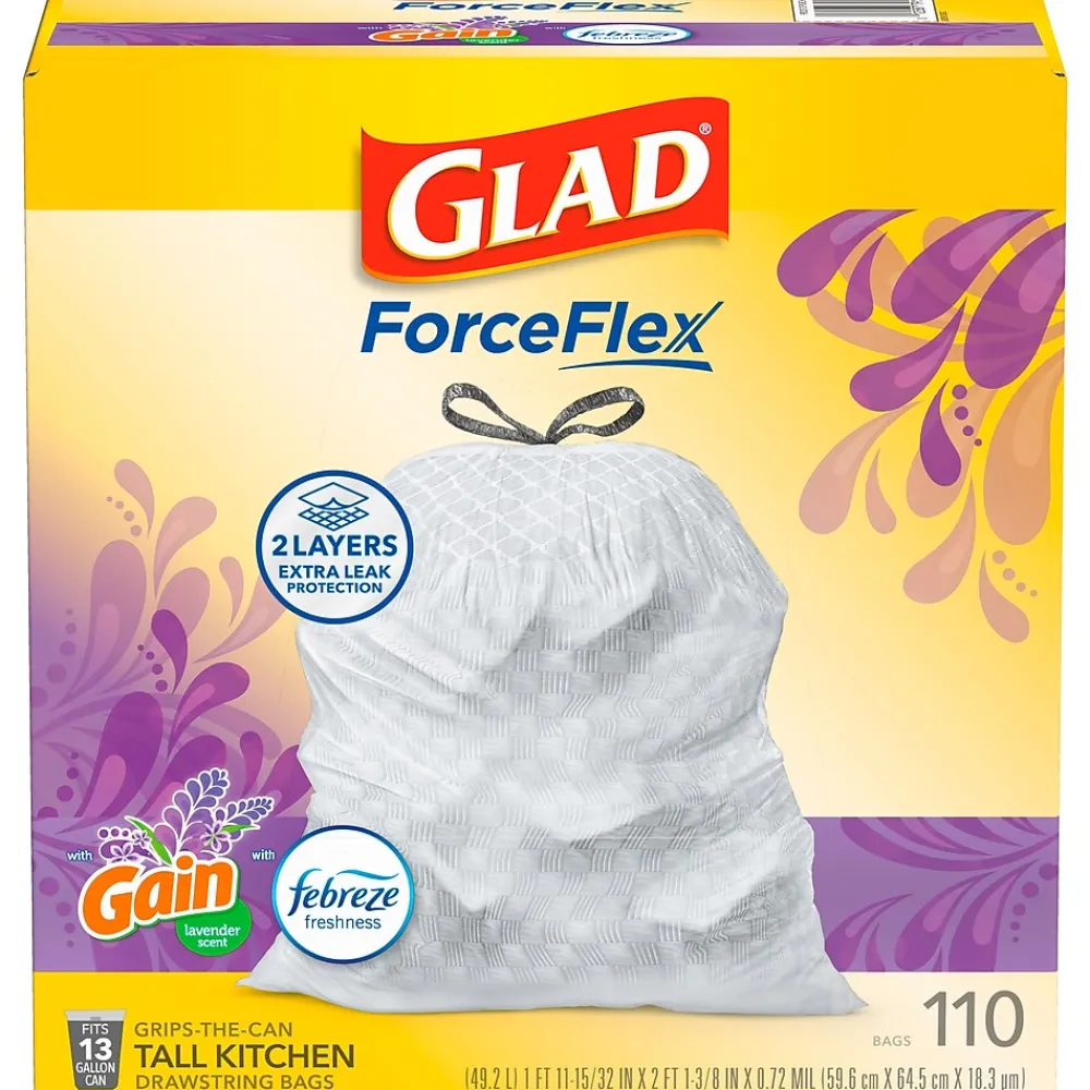 Glad ForceFlex Tall Kitchen Drawstring Trash Bags, 13 Gallon, Gain Lavender with Febreze Freshness, 110 Count (79157)