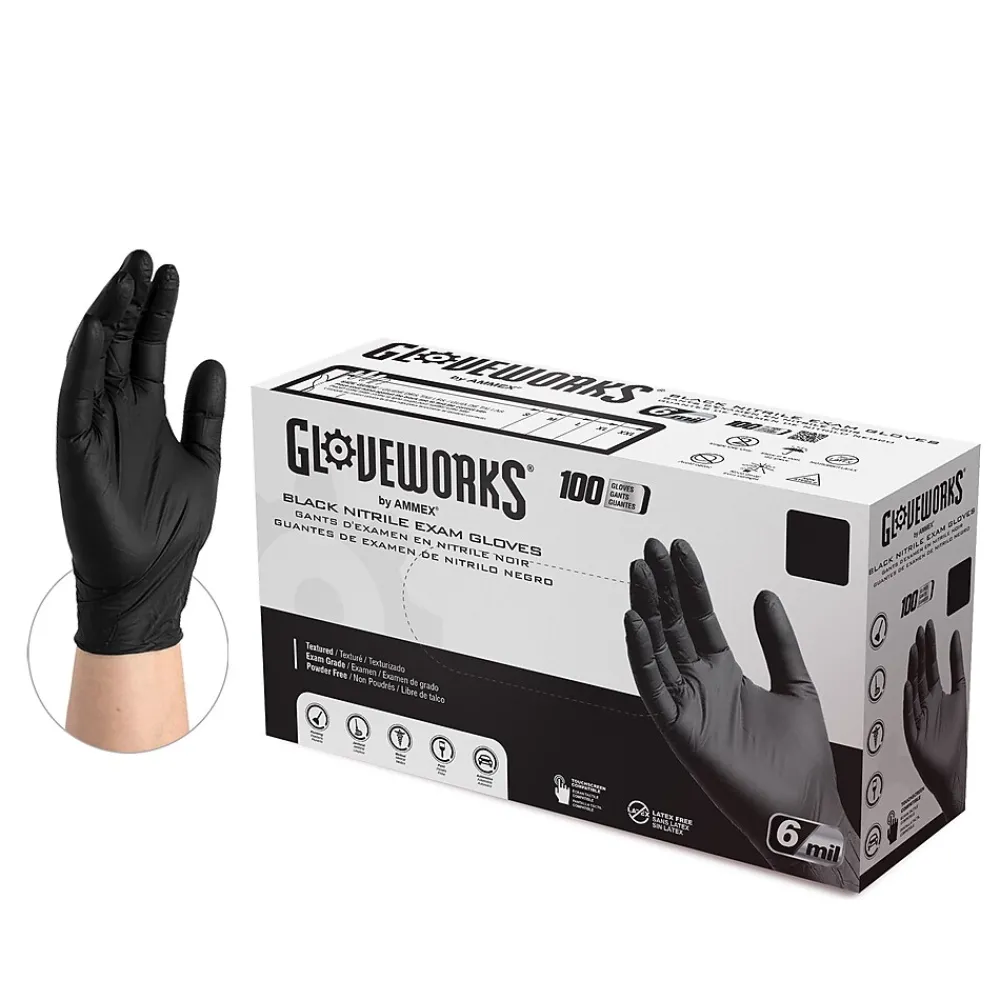 GloveWorks GWBEN Nitrile Exam Gloves, 2X-Large, Black, 100/Box, 10 Boxes/Carton (GWBEN49100XX)