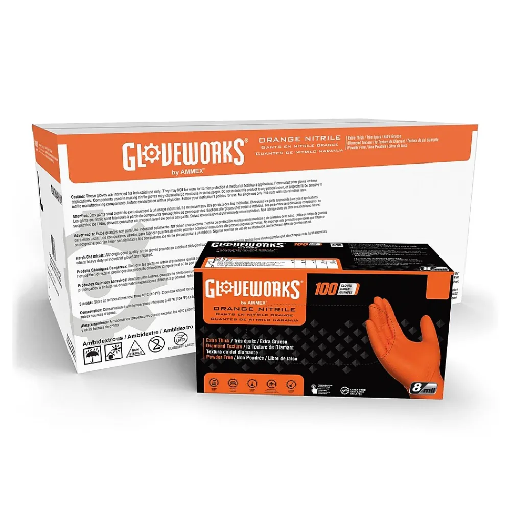 Ammex Gloveworks GWON Nitrile Gloves, XX-Large, Orange, 100/Box, 10 Boxes/Carton (GWON49100XX)