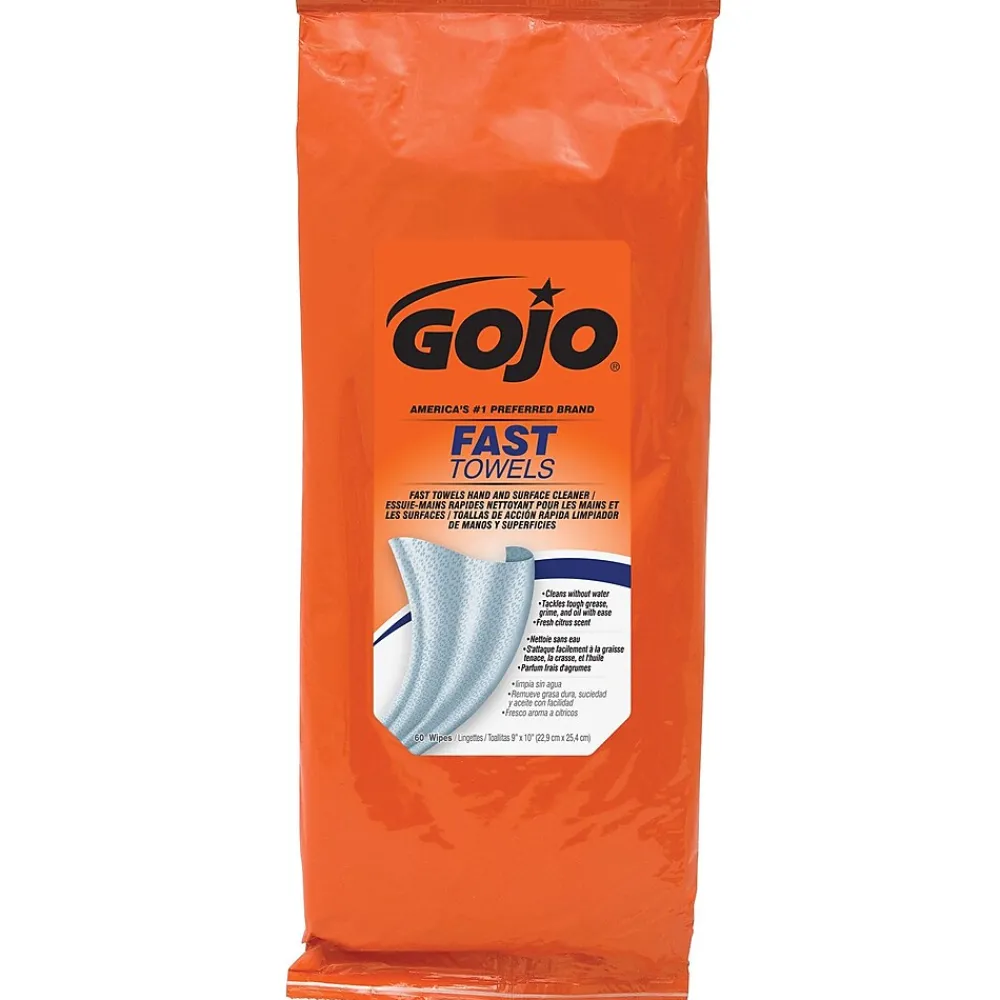 GOJO Fast Towels Hand-Cleaning Towels Resealable Packet, Orange Scent, 60 Wipes, 6/Carton (6285-06)