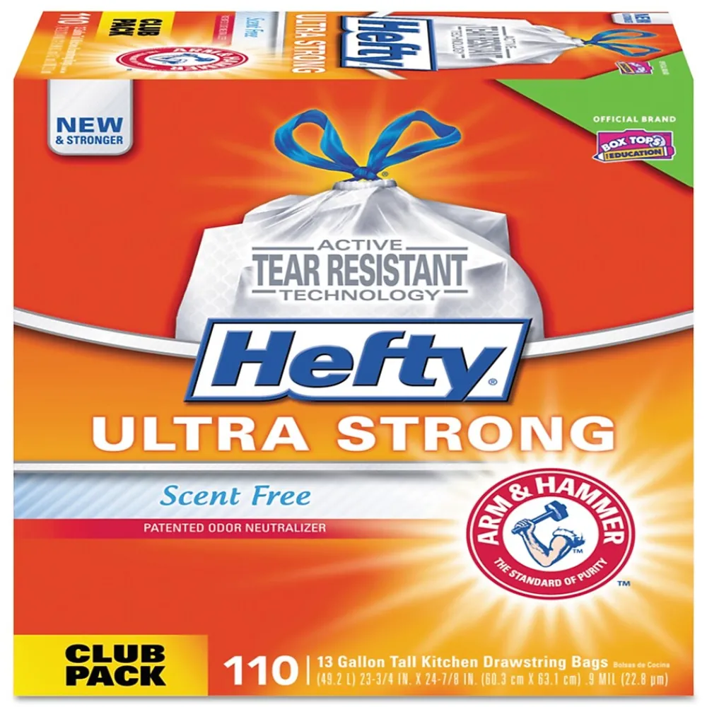 Hefty Ultra Strong 13 Gallon Kitchen Trash Bag, 23.75" x 24.88", Low Density, 0.9 mil, White, 110 Bags/Box (PCTE88368CT)