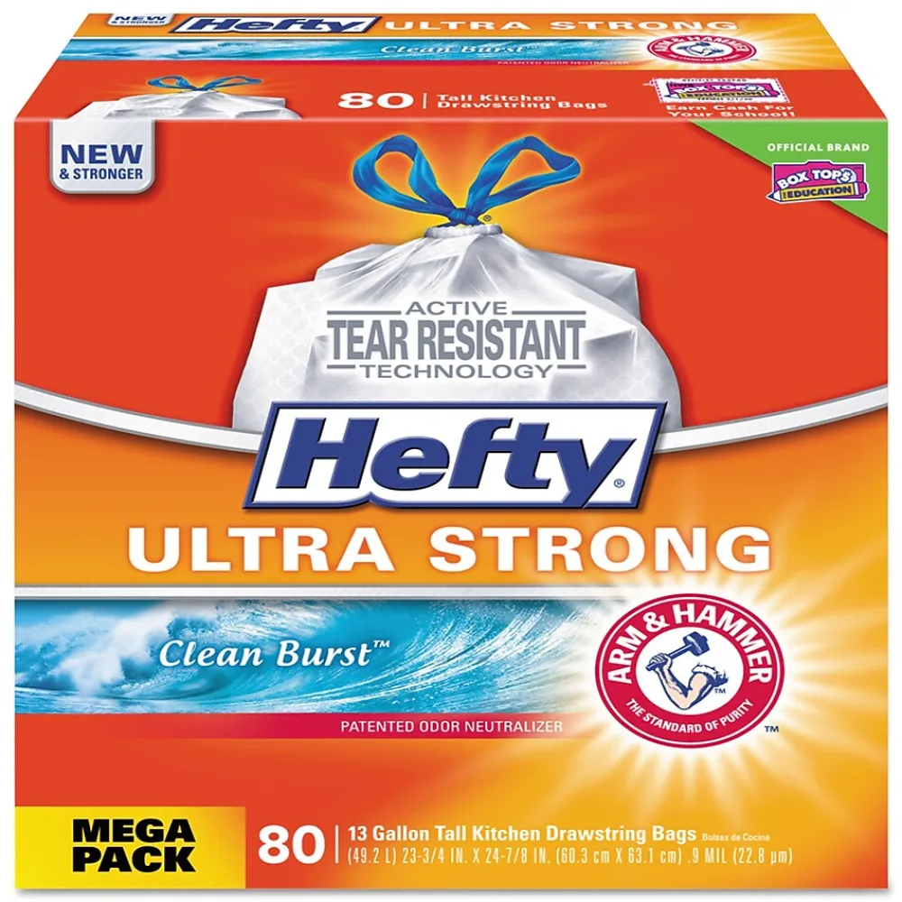 Hefty Ultra Strong 13 Gallon Scented Kitchen Trash Bag, 23.75" x 24.88", Low Density, 0.9 mil, Clean Burst, White, 80 Bags/Box