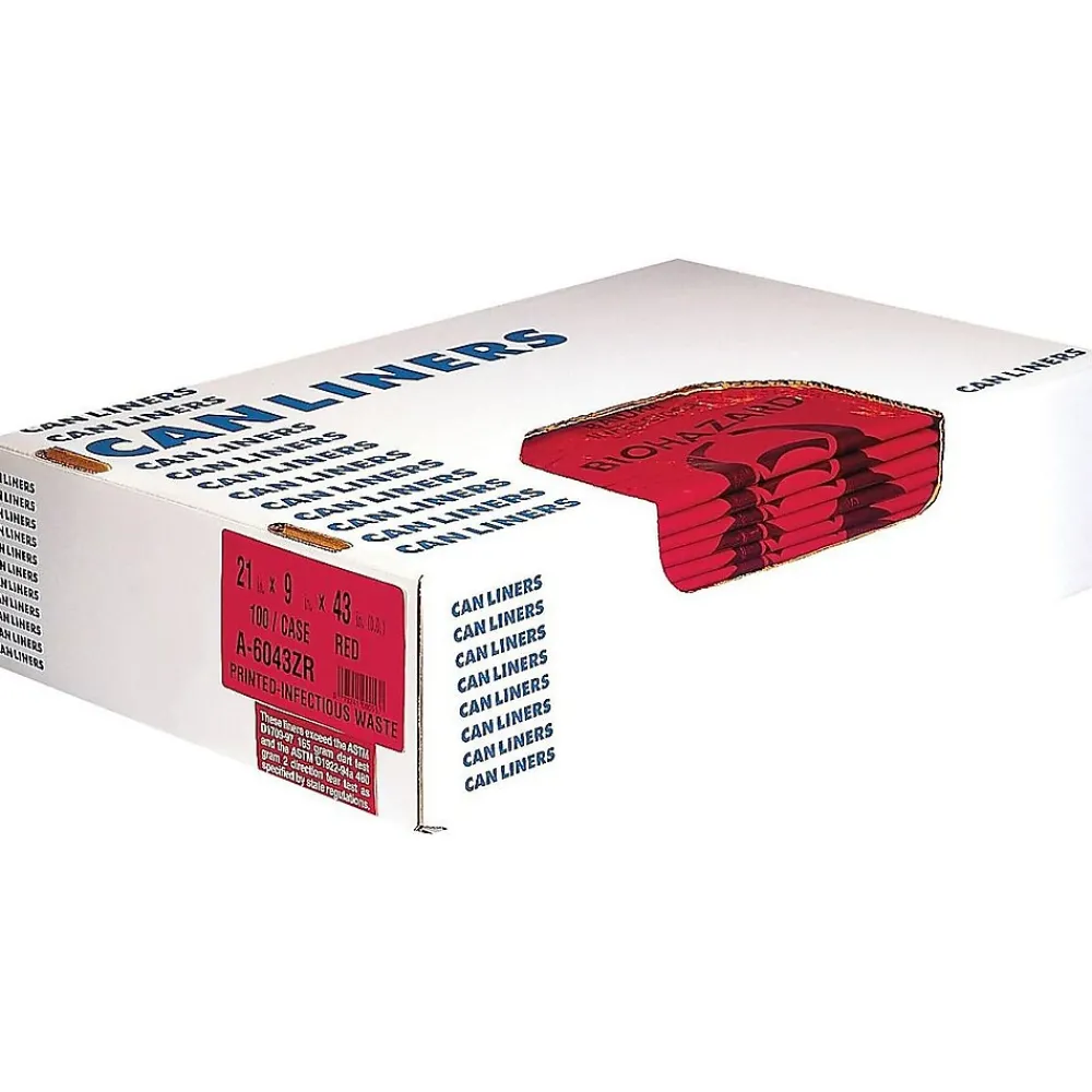 Heritage Bag Heritage 30 Gal. Biohazard Liners, Red, 43"L x 30"W, 100/Carton (A6043ZR)