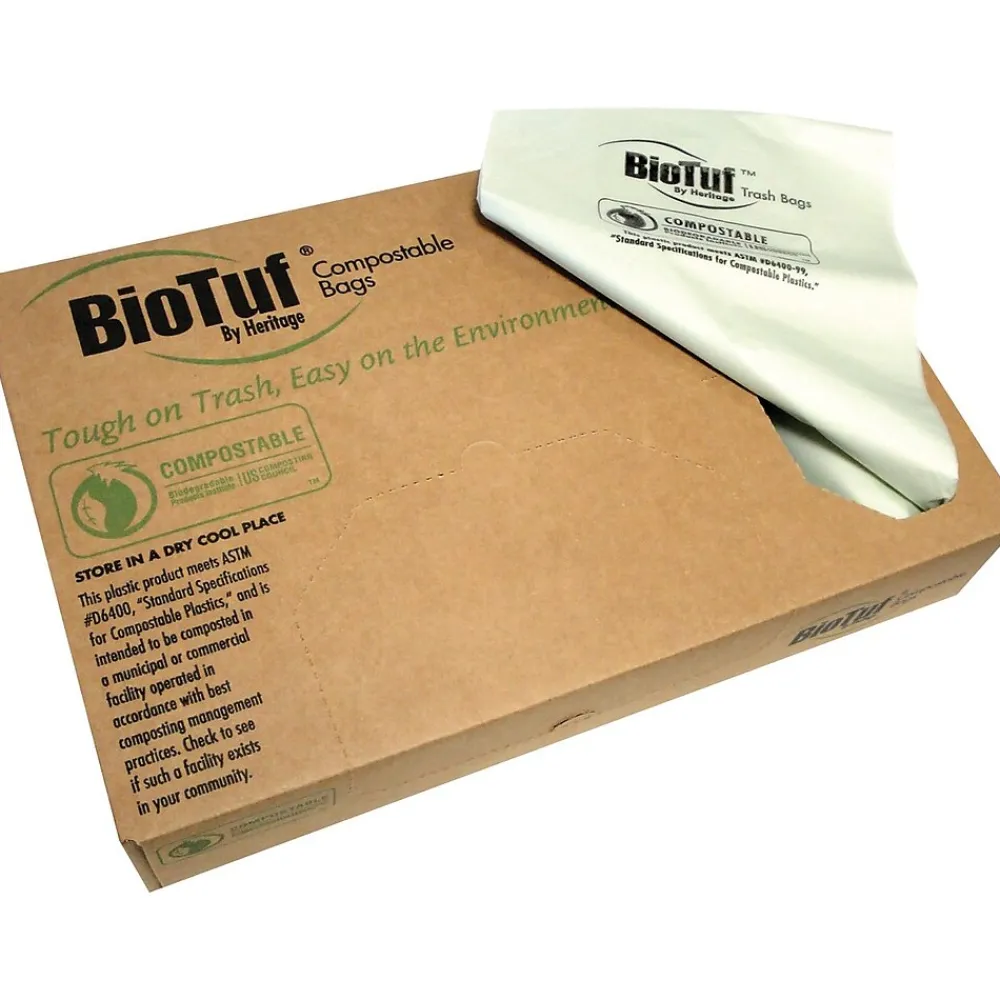 Heritage Bag Heritage 30-32 Gallon Compostable Industrial Trash Bag, 34" x 48", Low Density, 1 Mil, Green, 5 Rolls (Y6848YE R01)