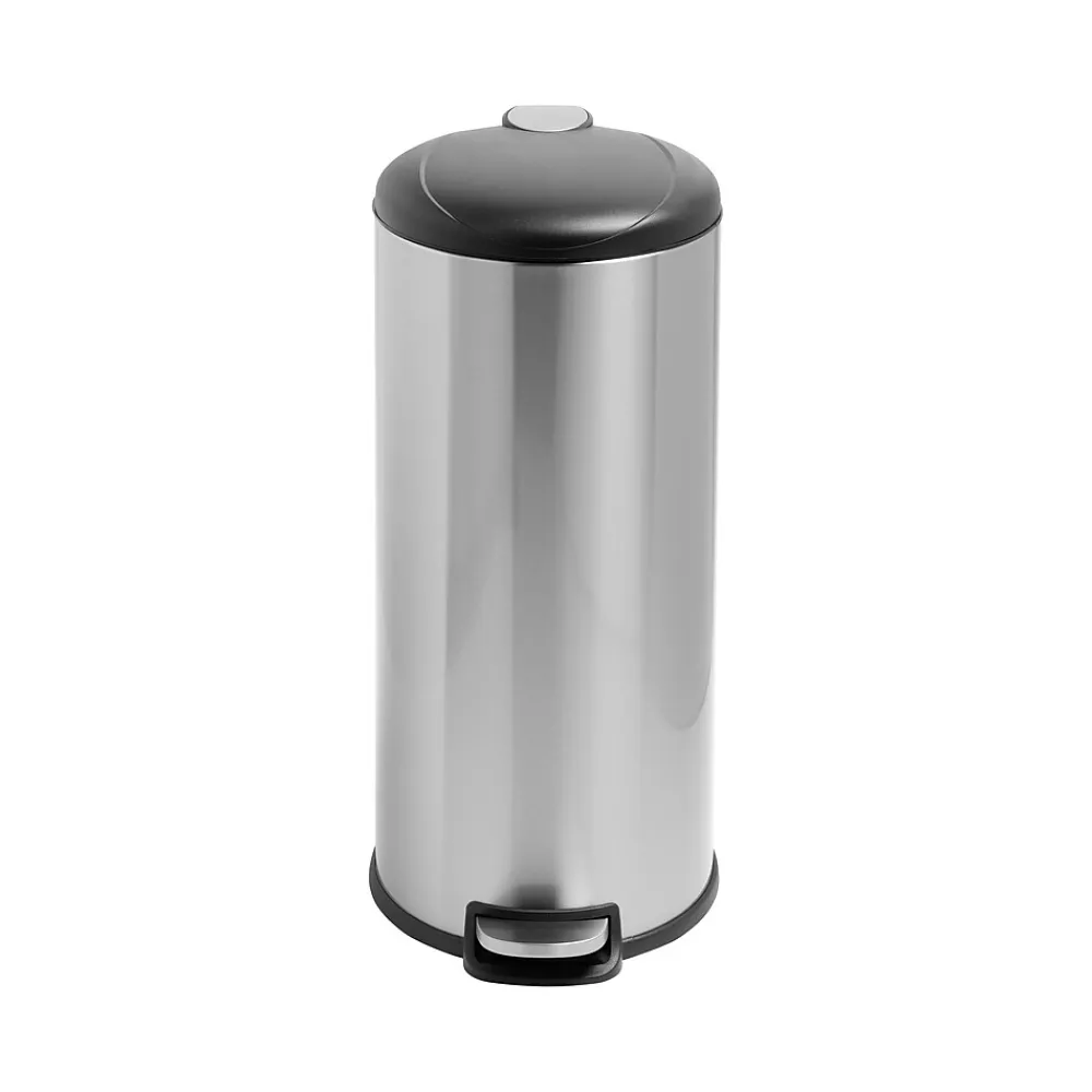 Honey-Can-Do Steel Indoor Round Soft-Close Trash Can with Hinged Lid, 7.92 Gallon, Silver (TRS-08994)