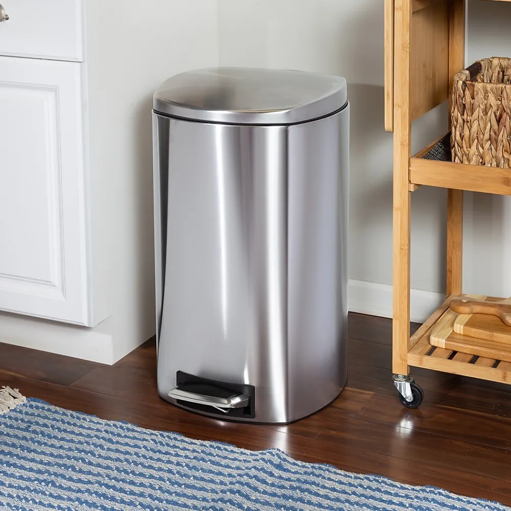 Honey-Can-Do Steel Indoor Square Soft-Close Step Trash Can with Hinged Lid, 13.2 Gallon, Silver (TRS-09335)