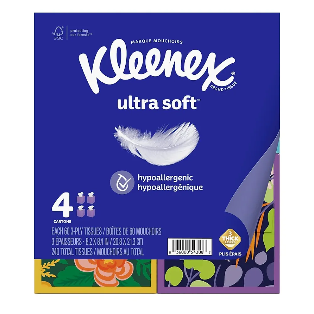 Kleenex Ultra Soft Facial Tissue, 3-Ply, 60 Sheets/Box, 4 Boxes/Pack (54308)