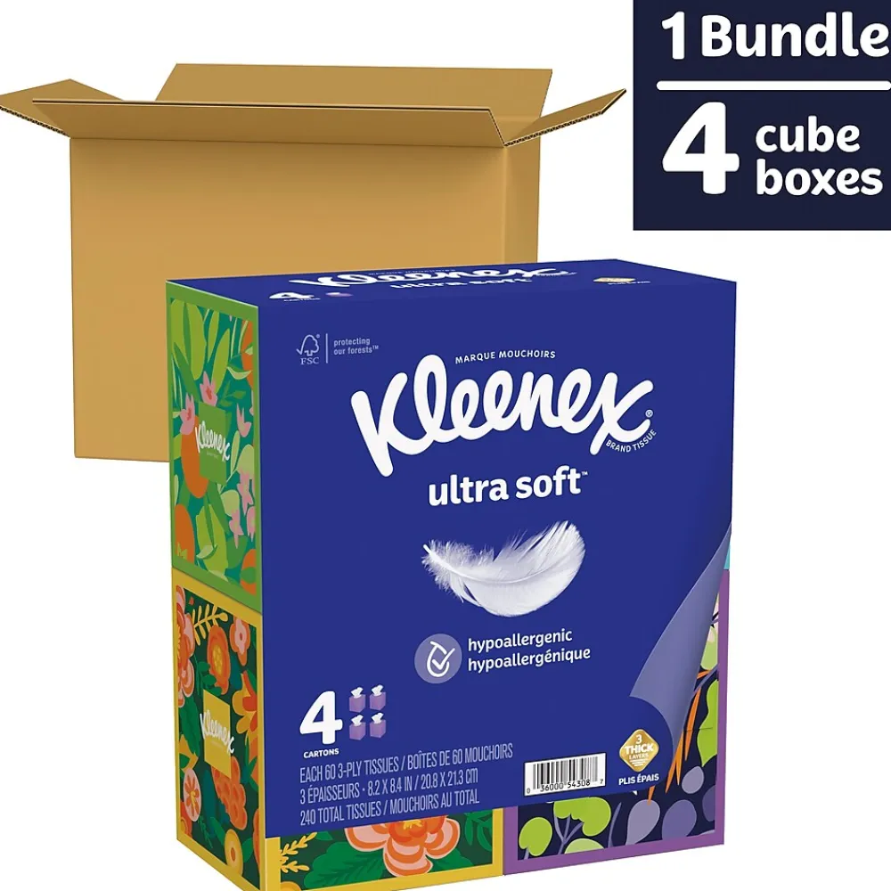 Kleenex Ultra Soft Facial Tissue, 3-Ply, 60 Sheets/Box, 4 Boxes/Pack (54308)