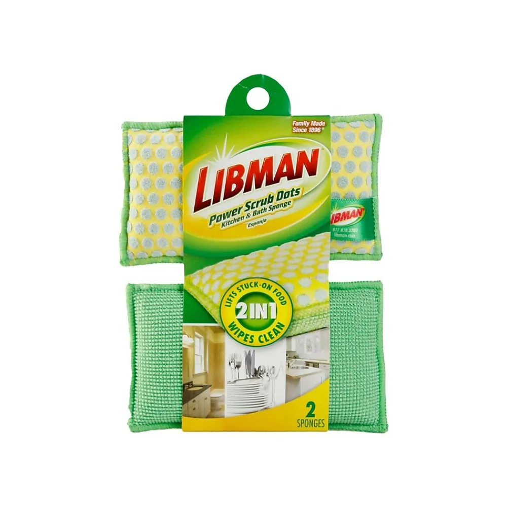 Libman Power Scrub Dots Kitchen & Bath Sponge, Green/Yellow, 2 Sponges/Pack (336)