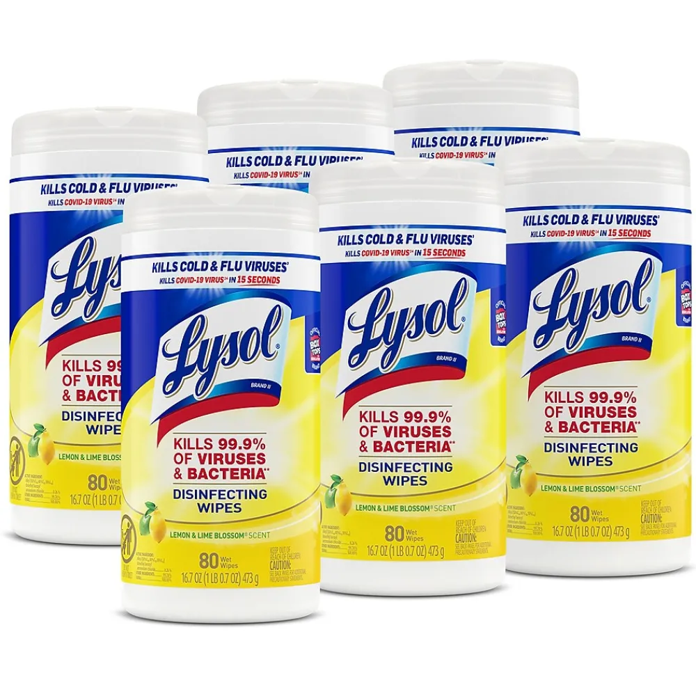 Lysol Disinfecting Wipes, Lemon & Lime Blossom, 80 Wipes/Canister, 6 Canisters/Carton (1920077182CT)