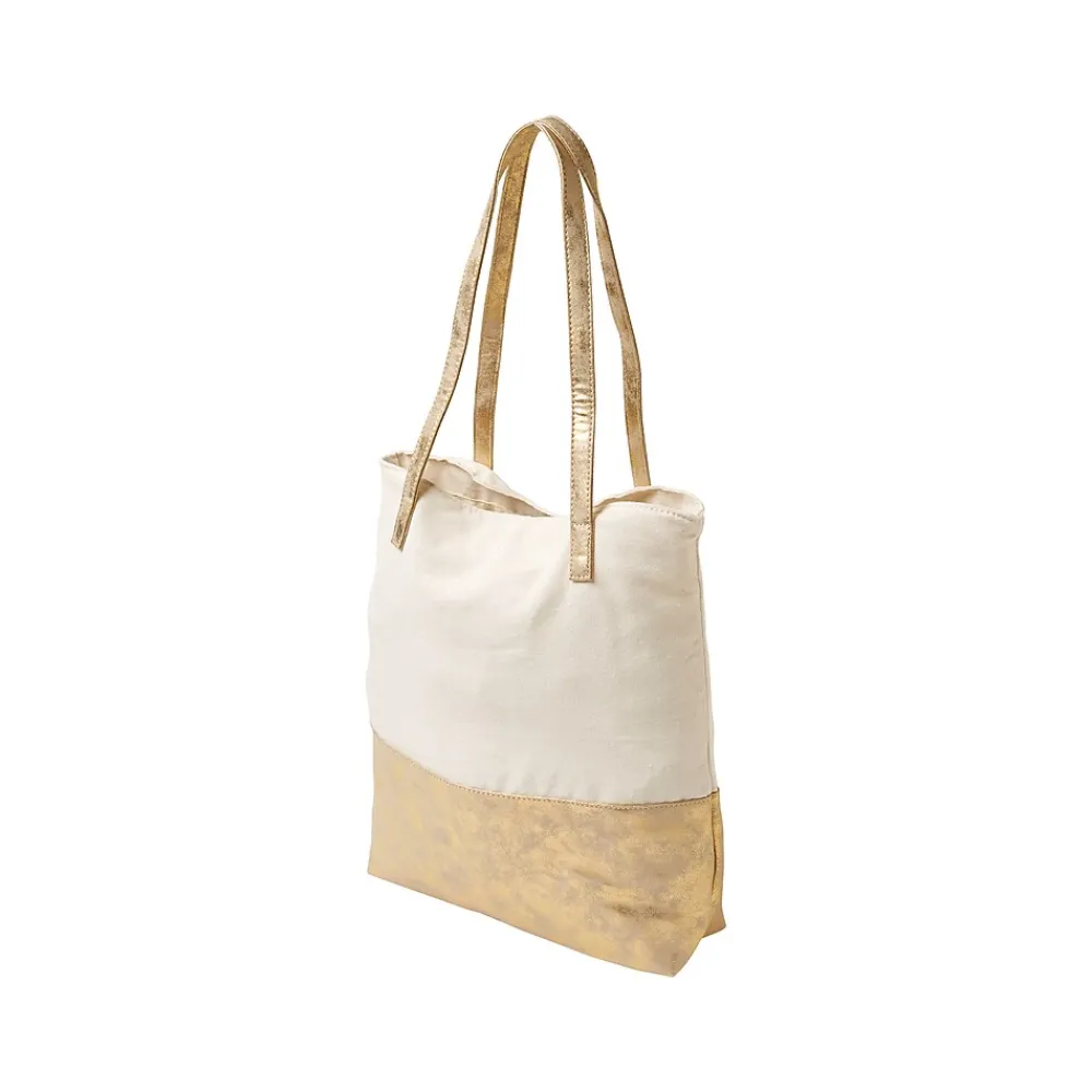 Martha Stewart Deluxe Beige/Gold Canvas/Faux Leather Tote, Large (MS106A)