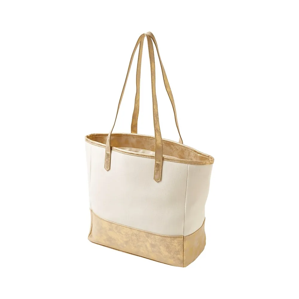 Martha Stewart Deluxe Beige/Gold Canvas/Faux Leather Tote, Medium (MS106C)