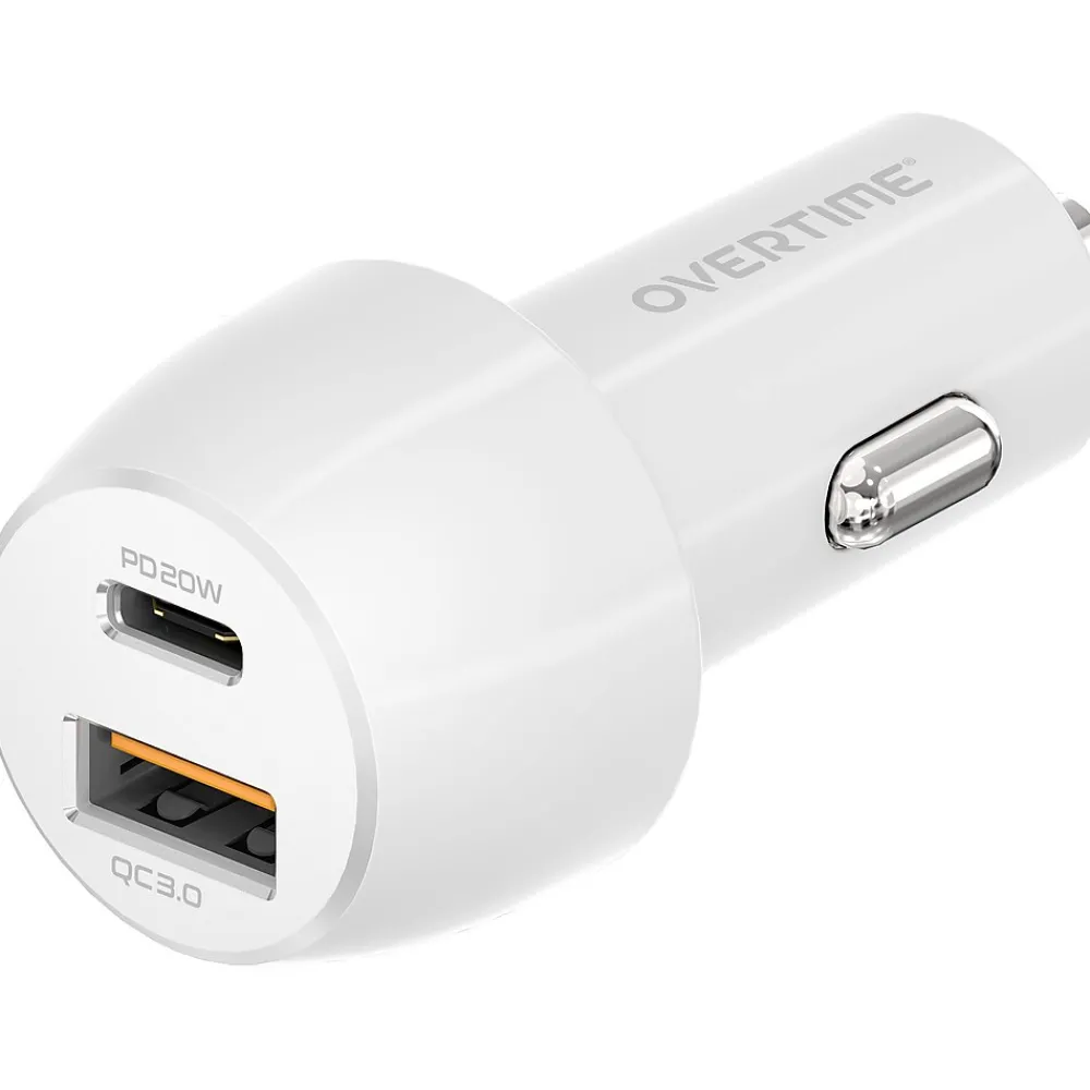 Overtime Dual USB-A/USB-C Universal Car Charger, White (OTC2USB2ASL)