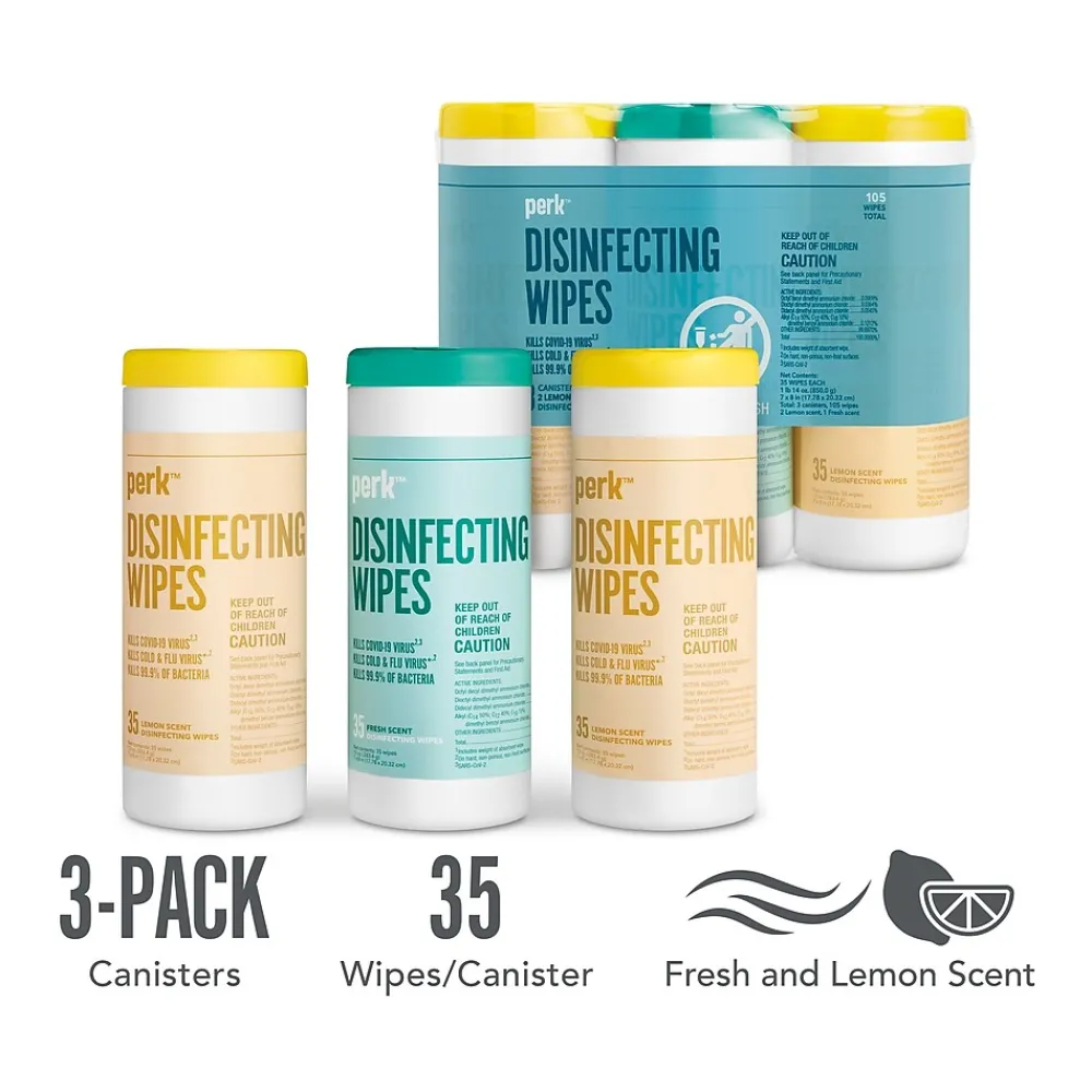 Perk ™ Disinfecting Wipes, Fresh & Lemon Scent, 35 Wipes/Container, 3/Pack (PK56666)