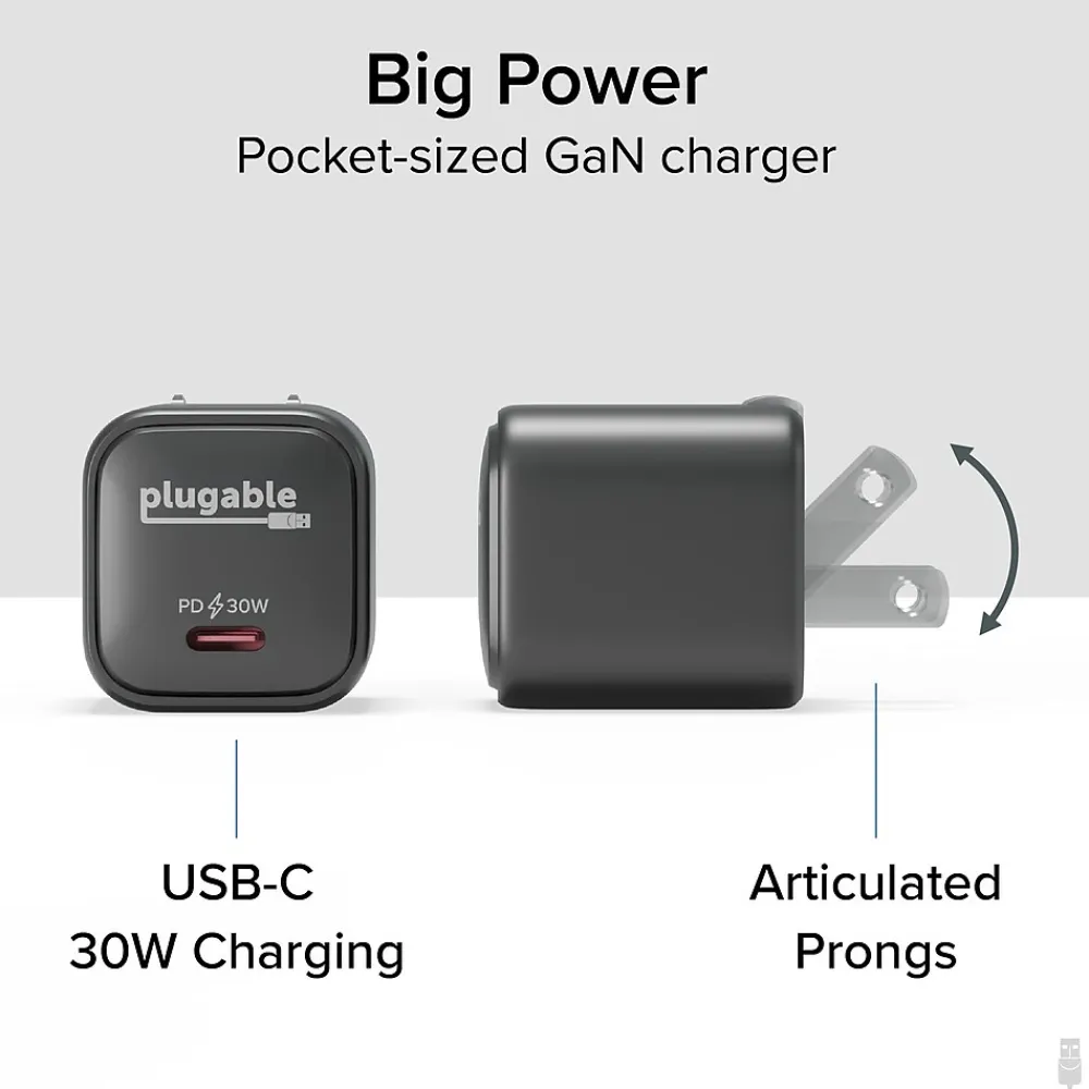 Plugable GaN USB-C Charger Block, 30W, Black (PS-30C1B-3X)