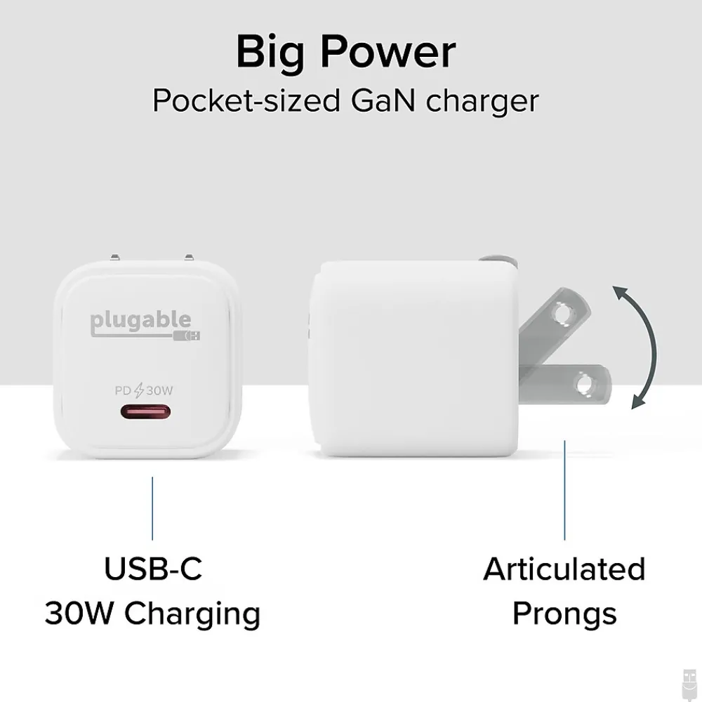 Plugable GaN USB-C Charger Block, 30W, White (PS-30C1W-3X)