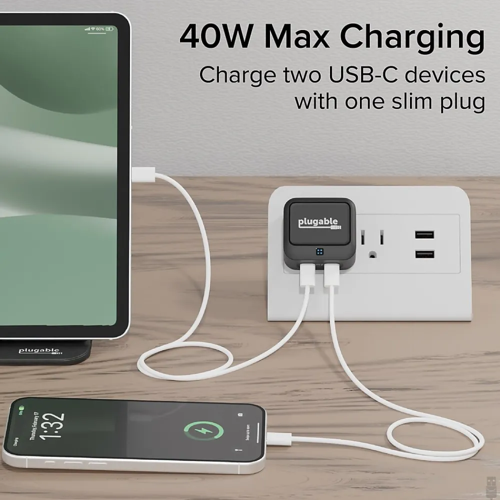 Plugable 40W Dual USB-C Wall Charger, Black (PS-40C2B)