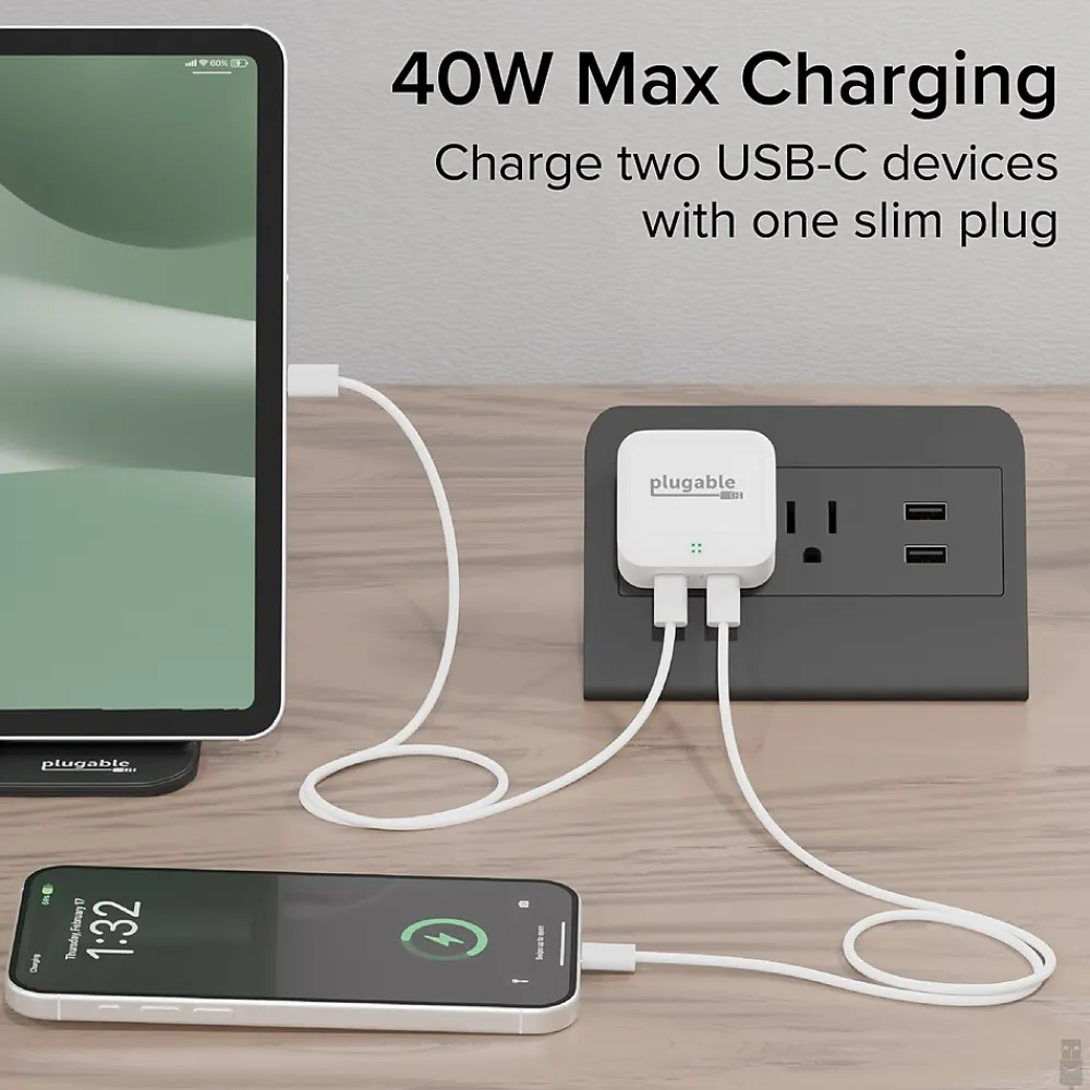 Plugable 40W Dual USB-C Wall Charger, White (PS-40C2W)