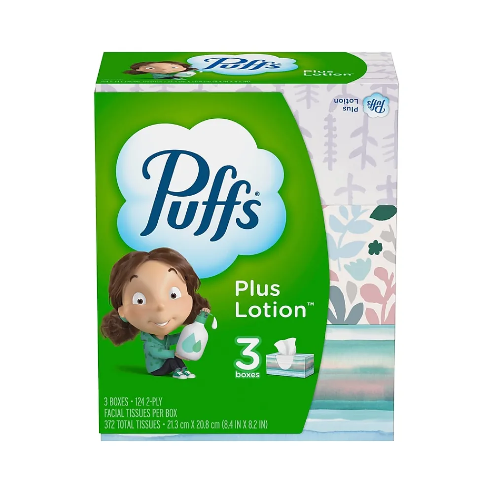 Puffs Plus Lotion Facial Tissue, 2-ply, 124 Tissues/Box, 3 Boxes/Pack (39363)