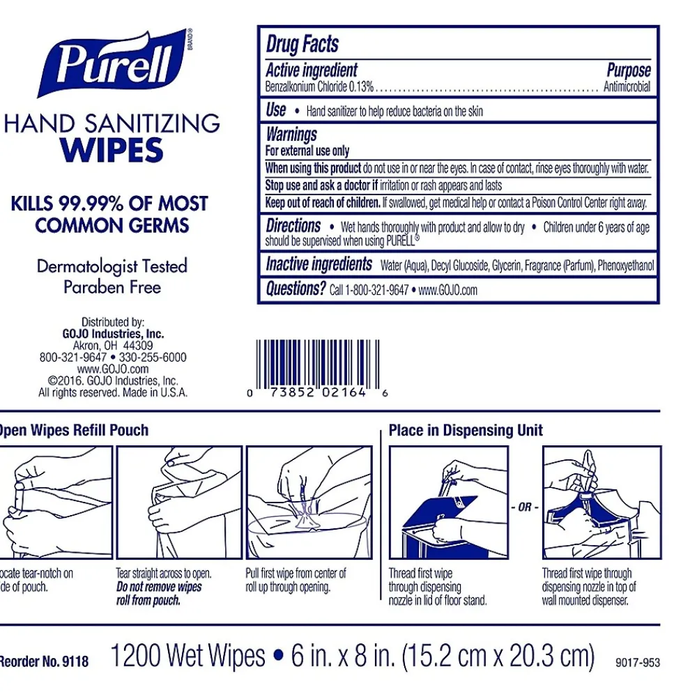 Purell Hand Sanitizing Wipes Refill, 1200/Wipes, 2/Pack (9118-02)