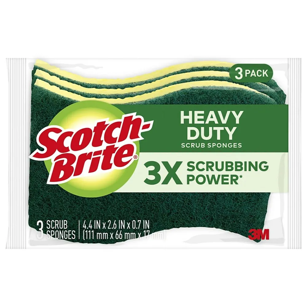 Scotch-Brite Heavy Duty Sponge with Scrubber, Green/Yellow, 3 Sponges/Pack (HD3)